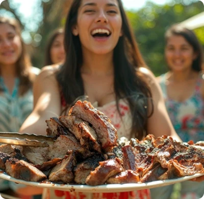 Pessoa segurando um prato de carne cozida, sorrindo ao ar livre .